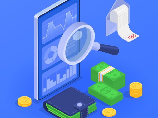 Financial audit concept with budget inspection symbols isometric vector illustration